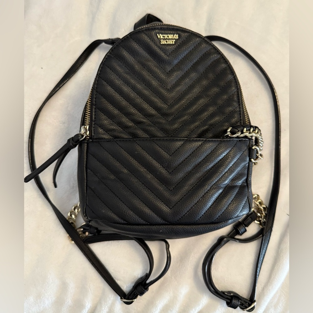 Victoria's Secret Pebbled V-Quilt Small Backpack, black faux leather.